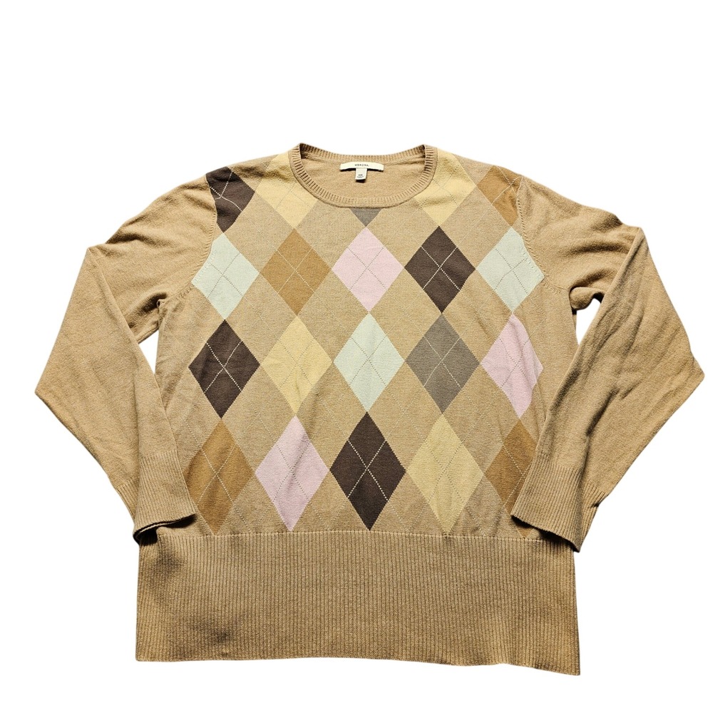 Merona Mens XXL Argyle Sweater Tan Pink Brown Cotton Blend Crewneck Pullover